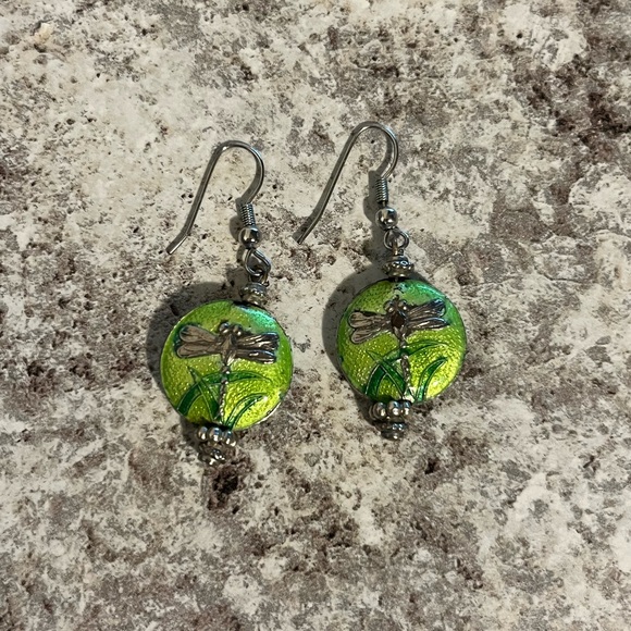 Silver Tone and Green Dragonfly Earrings - Picture 3 of 5